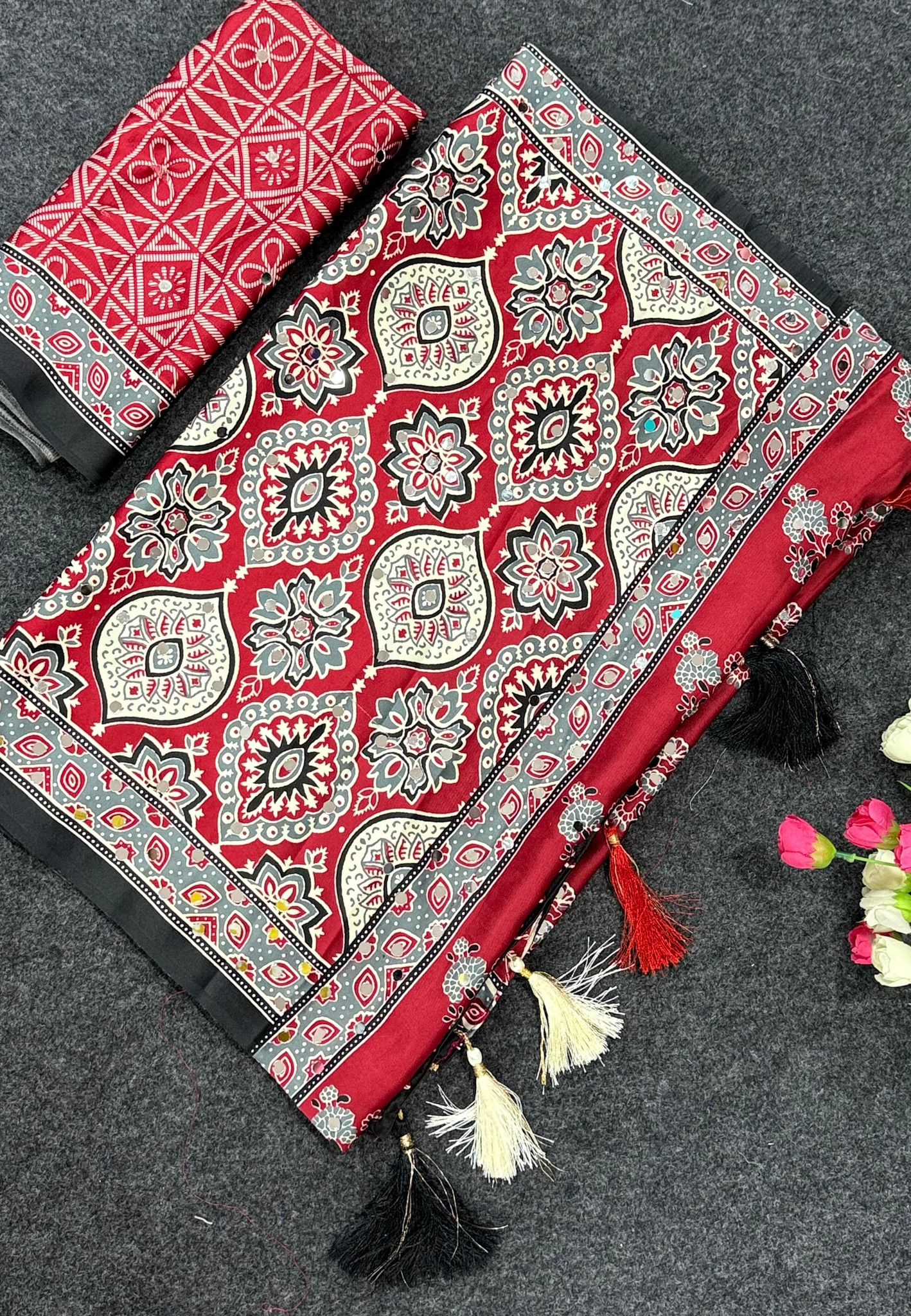 Ajrakh Tulips Royal Crimson Mirror Work Gajji Moss Satin Saree